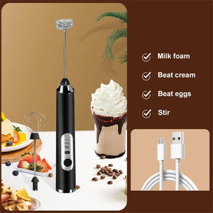 Electric Milk Frother – Handheld USB Rechargeable Foam Maker with 2 Whisks & 3 Speeds (Black/White)